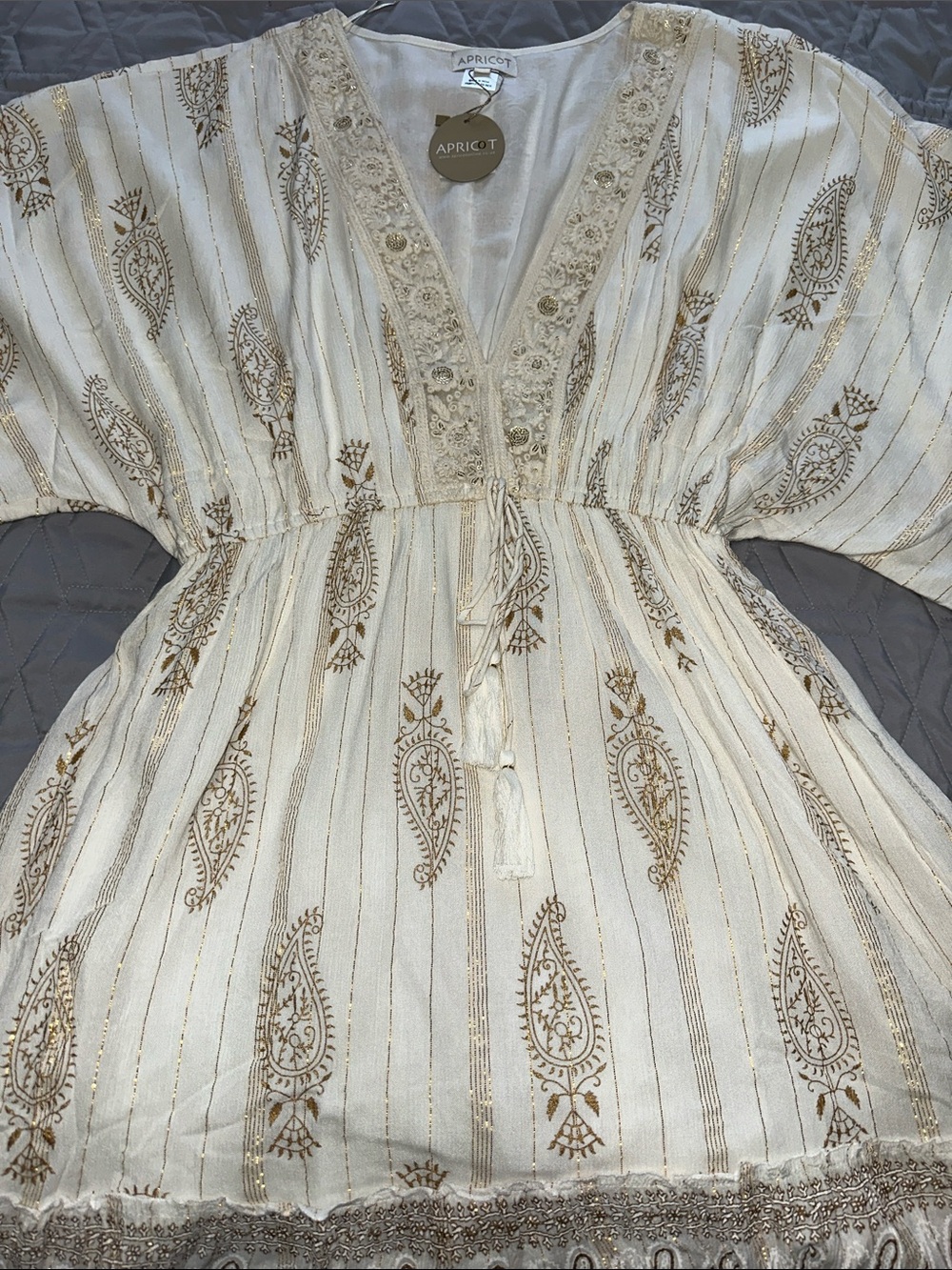 Sz M Apricot Cream Gold Foil Tassel Embroidered Sequin V-Neck Boho Midi Dress - Picture 4 of 10